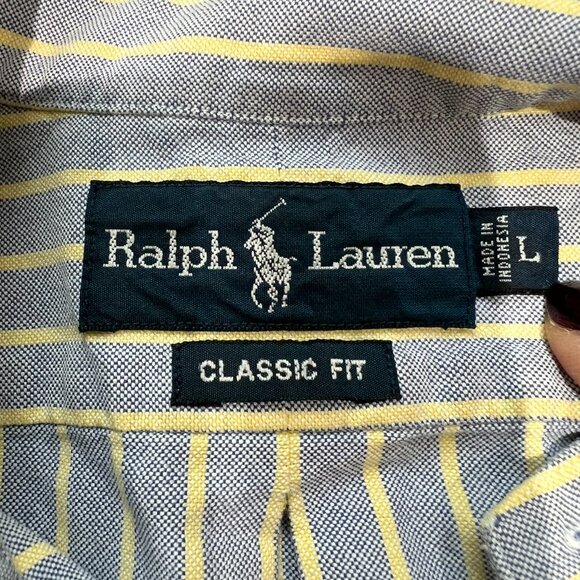 Ralph Lauren Classic Fit Striped Oxford Shirt, Blue with Yellow Stripe SZ Large - Picture 4 of 6